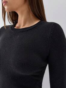 SHEIN Unity 1 pieza Suéter de punto casual de cuello redondo, manga corta y ajustado para mujer, color negro, para otoño/invierno, jersey de punto de otoño - Negro - Ver 4