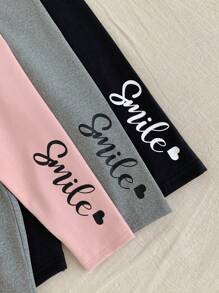 SHEIN LMoss Kids LMoss 女婴弹性腰带字母印花休闲紧身裤 - 彩色 - 查看 6