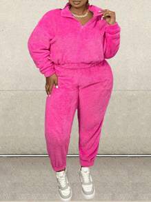 Slaydiva 休闲秋冬两件套大码女士套装：纯色毛绒短款连帽衫和裤子