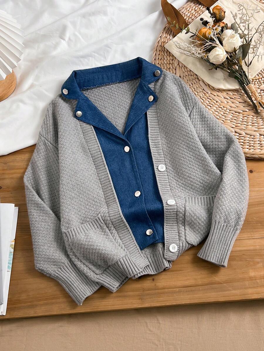 Cardigan ample à col châle et manches longues pour fille préadolescente, style blocs de couleurs, pour l'automne et l'hiver