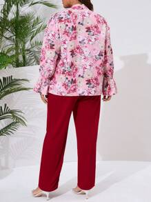 2pcs Plus Size Elegant Floral Allover Print Tie Collar Blouse And Pants Set, Spring Fall - Burgundy - View 2