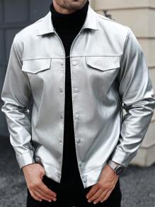 Manfinity Homme Men's Solid Color Button-Front Long Sleeve Faux Pocket Minimalist Jacket - Silver - View 5