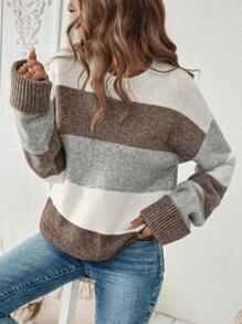 Chiquease Áo len nữ cổ tròn dày dặn, ấm áp, phối 3 màu, kiểu áo chui đầu dệt kim mùa thu đông. - Nhiều màu - Xem 5