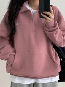 DAZY 女式翻领字母印花半拉链卫衣、长袖上衣、秋季女装 - 粉色 - 查看 1