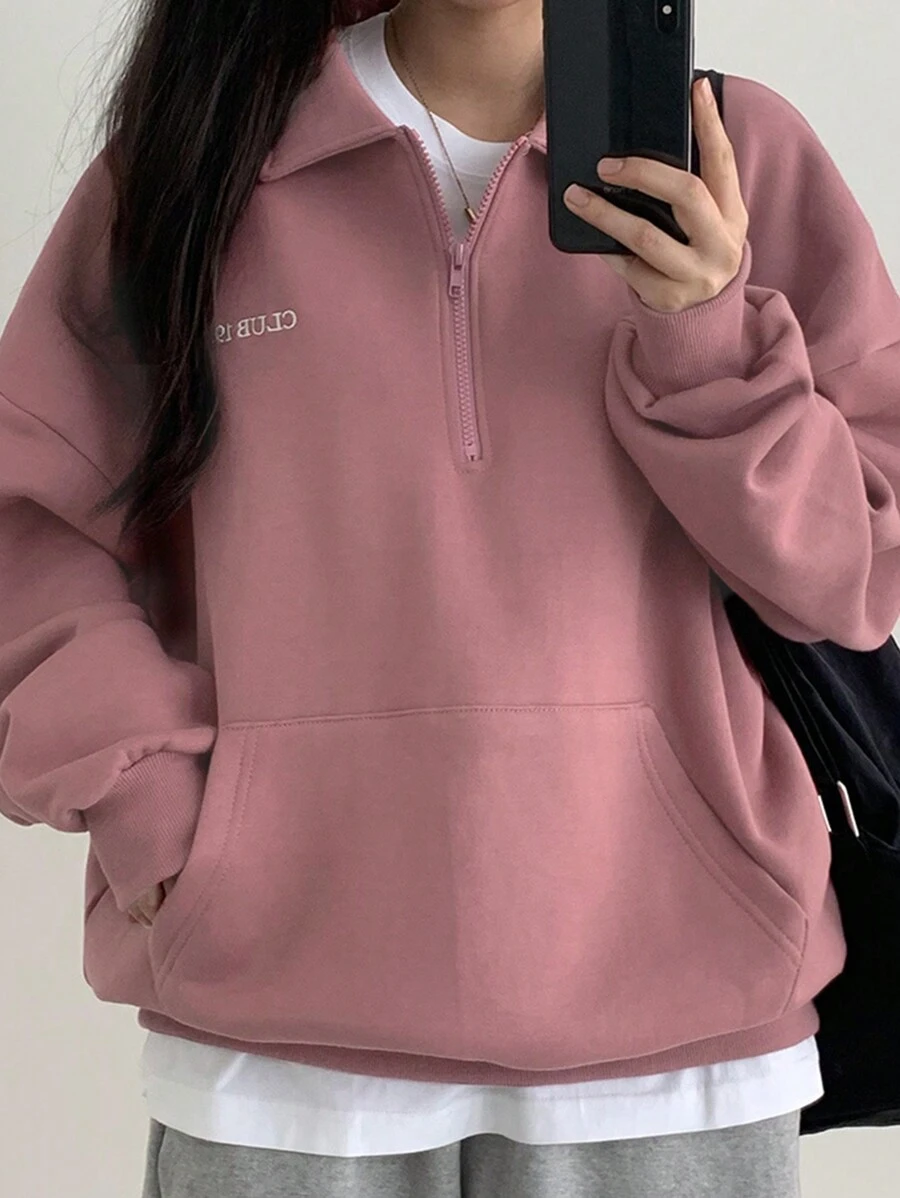 DAZY 女式翻领字母印花半拉链卫衣、长袖上衣、秋季女装 - 粉色 - 查看 1