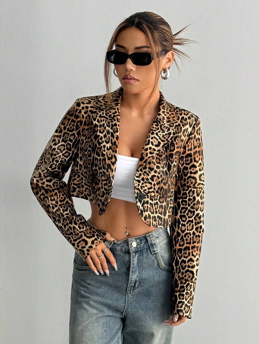 SHEIN Unity Cropped PU Leopard Print Blazer - Multicolor - View 1
