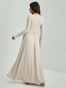 SHEIN Tall Women's Elegant Solid Color Round Neck Long Sleeve Ruched Long Dress - Apricot - View 3