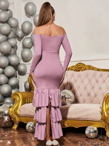 Loomaby Mutterschaftskleid mit einfarbiger Off-Shoulder Langarm-Rüschenabschluss, perfekt für Urlaub, Babyparty, Feier - Pink - Übersicht 2