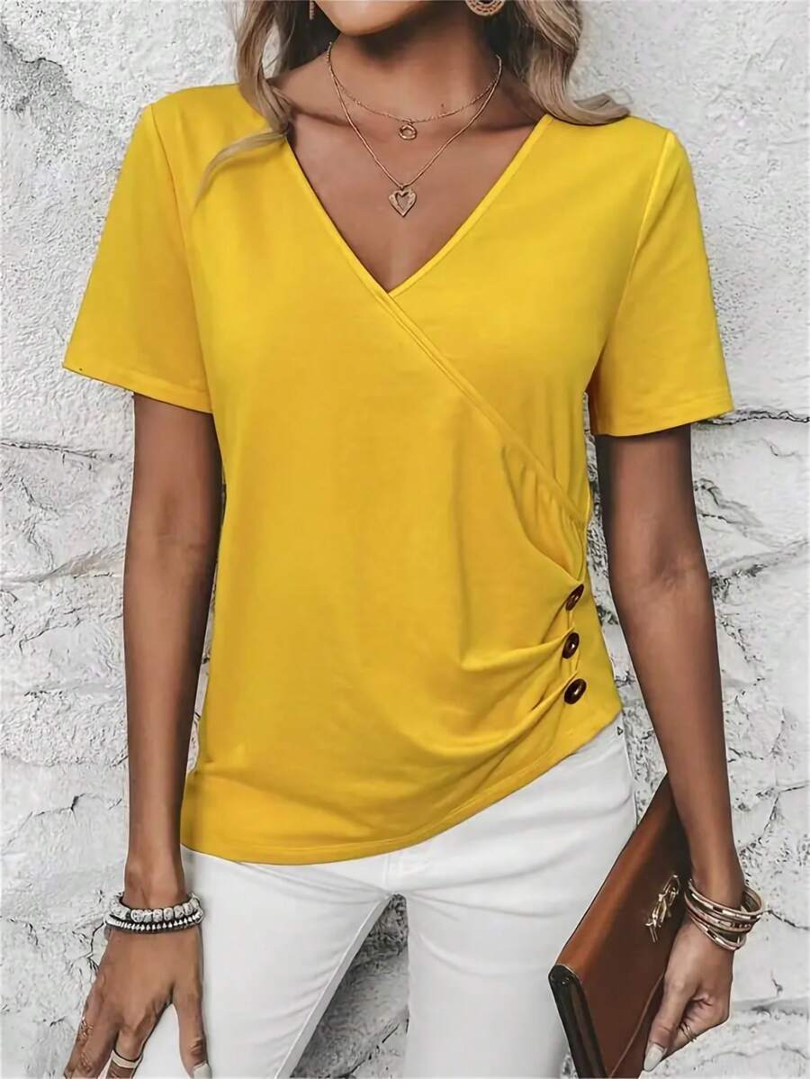 INAWLY Women's Solid V-Neck Short Sleeve Pleated Casual T-Shirt, Summer - Yellow - View 1