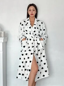 DAZY Áo choàng tắm họa tiết sọc trái tim bằng vải nỉ dày - trắng - Xem 3