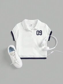 SHEIN Tween Girl Knitted Patchwork Number Print Polo Neck Short Sleeve T-Shirt - Blue and White - View 8