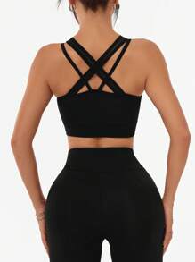SHEIN Sports Women's Solid Color Cross-Neck Racerback Sports Tank Top - Black - View 3