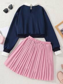 SHEIN 少女字母印花马球领运动衫和百褶裙套装 - 彩色 - 查看 2