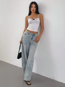 SHEIN SXY 圆点印花休闲无袖上衣，配蝴蝶结装饰