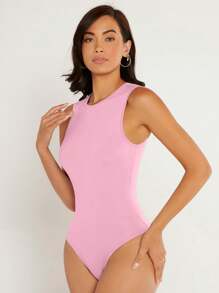 SHEIN BASICS Women's Round Neck Sleeveless Casual Solid Color Bodysuit - Pink - View 5