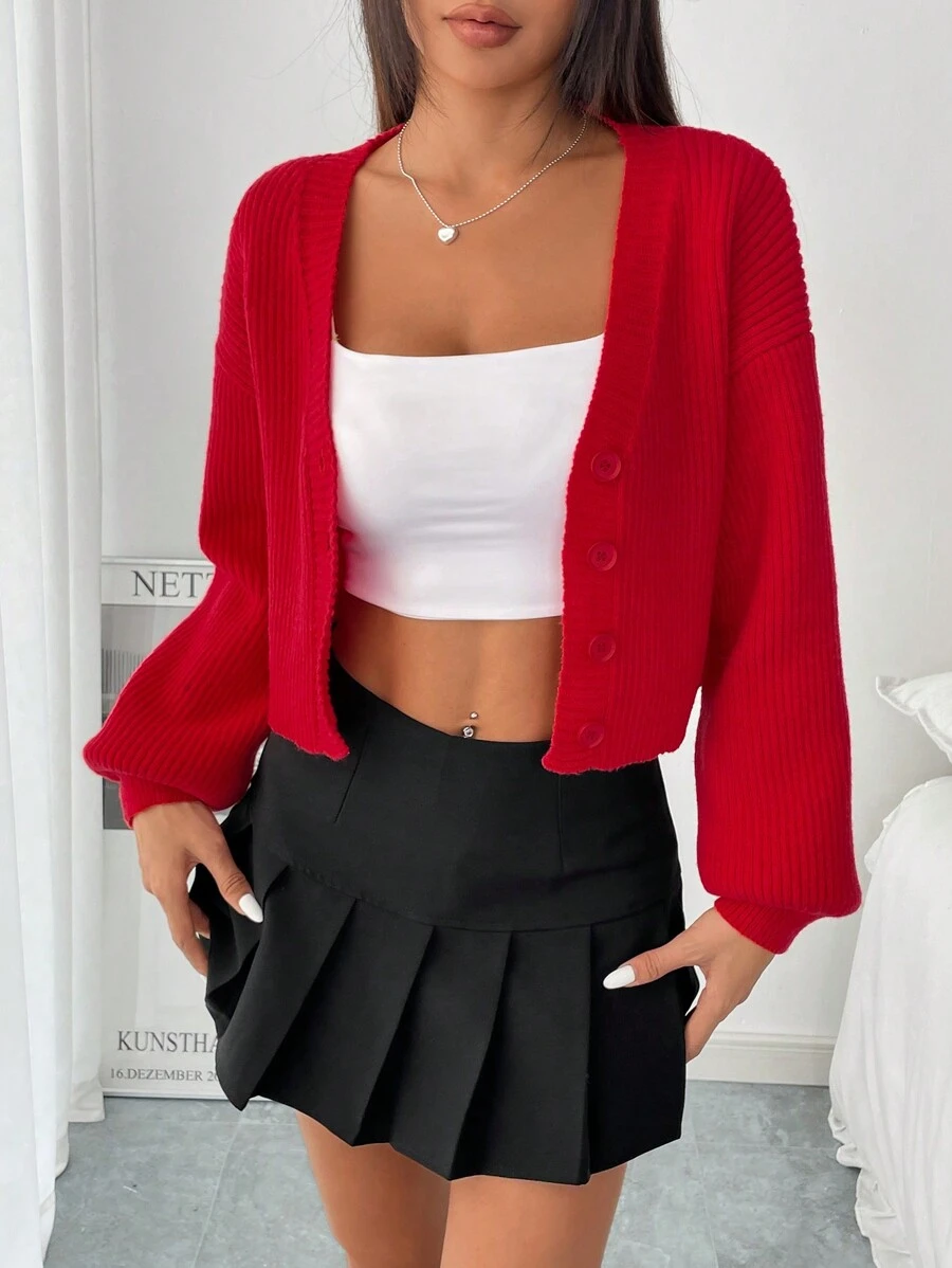 SHEIN Unity 女士超大红色长袖开衫毛衣休闲秋冬季新年衣服 - 紅色 - 查看 1