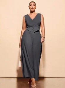 SHEIN BAE Conjunto de chaleco y pantalones de traje de una hilera de talla grande para mujer, con traje rosa y chaleco, conjunto de dos piezas, atuendos para maestras, ropa de negocios para mujeres - Gris Oscuro - Ver 5
