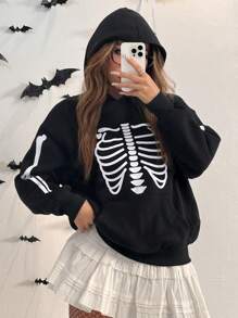 SHEIN EZwear 3件套女士万圣节南瓜骷髅印花连帽卫衣，秋冬款 - 彩色 - 查看 2