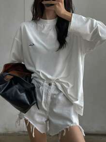 DAZY Áo thun dài tay hở vai in chữ dáng rộng thoải mái cho nữ, Quần áo mùa xuân và mùa hè, Quần áo mùa thu, Quần áo trở lại trường, Áo phông kiểu học sinh - trắng - Xem 2