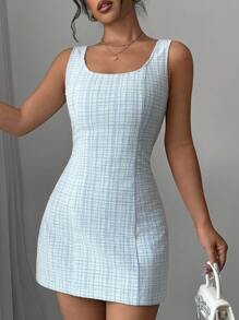 Selianne 女士优雅格子无袖收腰连衣裙，夏季 - 藍色 - 查看 3