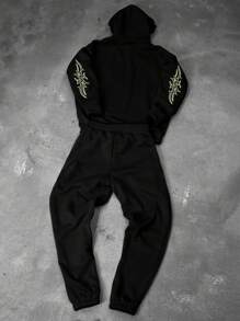 Manfinity EMRG Men's Letter Print Hoodies Sweatshirt And Front Tie Sweatpants 2pcs Set, Men Sweatsuit, Men Streetwear Sets, Men Co Ords - Black - View 2