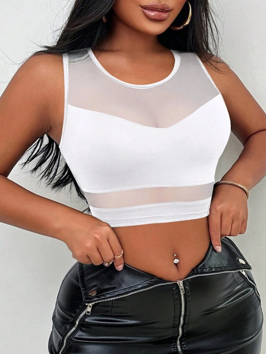 VaVaBold Women Summer Solid Color Contrast Mesh Round Neck Crop Top - White - View 1