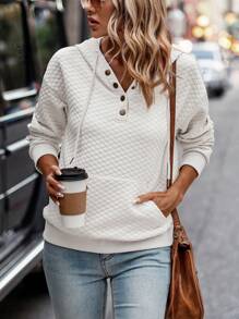 SHEIN LUNE 休閒實色紋理束繩帽衫 - 白色 - 查看 5