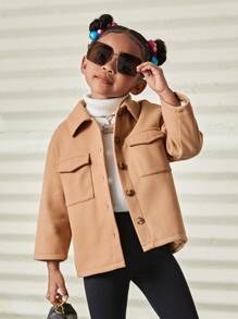 SHEIN Mantel Wol Polos Kasual Longgar untuk Anak Perempuan dengan Kerah Lipat - Khaki - View 8