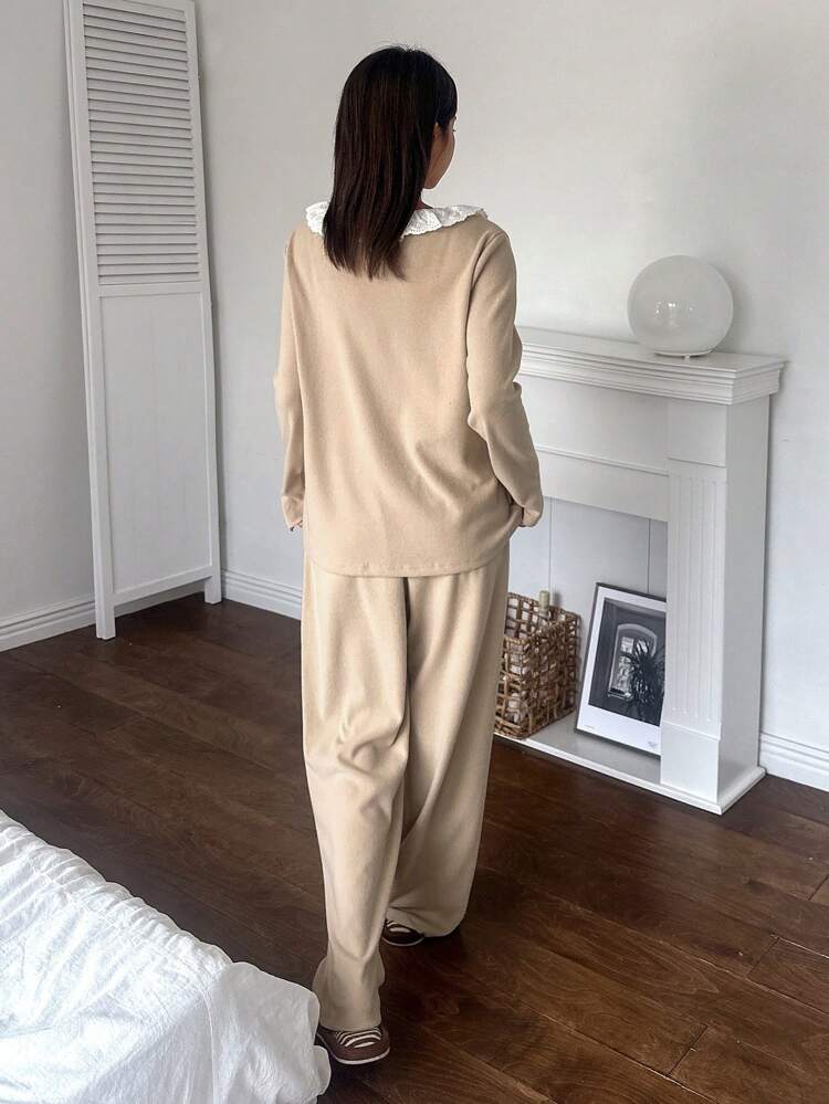Lovely Floral Trim Simple Sleepwear Set Fall,Winter Pajama