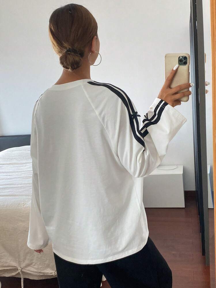 Color Block Striped Letter & Bow Embroidery Loose Round Neck Long Sleeve Women T-Shirt,Fall Clothes