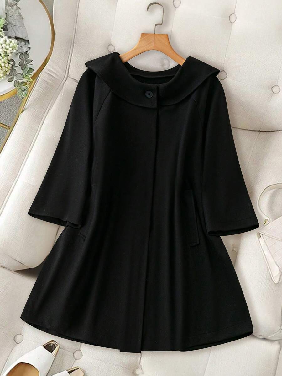 SHEIN LUNE Áo khoác dệt kim màu trơn thường ngày cỡ lớn, mùa thu - màu đen - Xem 1