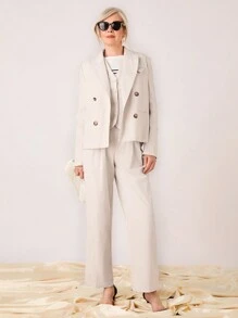 SHEIN LUNE Women Casual Solid Straight Leg Pants - Beige - View 6