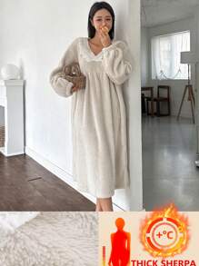 DAZY Flannel Ruffle Trim Loose Nightgown Pajama,Thermal Lined Fall,Winter - Grey - View 1