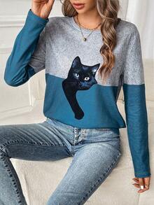 SHEIN LUNE Áo thun nữ cổ tròn dài tay in hình mèo đơn giản thường ngày - Nhiều màu - Xem 5