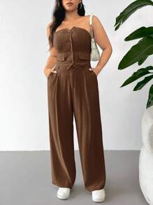 SHEIN EZwear Bộ 2 chiếc áo ống đơn hàng khuy màu trơn mùa hè cỡ lớn dành cho nữ và quần dài có túi thường ngày - màu nâu - Xem 4