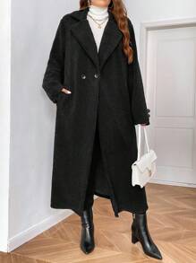 SHEIN Clasi Plus Size Women's Autumn/Winter Fuzzy Black Military Coat, Versatile, Fashionable For Urban, Office, And Everyday Wear - Black - View 2