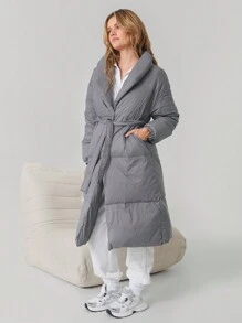 SHEIN EZwear Women's Long Sleeve Simple Solid Deep Gray Quilted Feathers& Down Jacket - Dark Grey - View 5