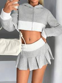 SHEIN EZwear Women's Ribbed Patchwork Cropped Sweatshirt In Fall/Winter - Light Grey - View 3