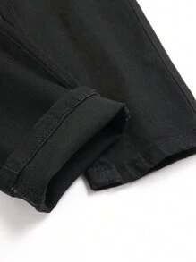 Manfinity LEGND Men's Button Decor Denim Jeans, Plain Slim Fit Dark Jeans Long Plain Black Washed Cargo Jeans, For Husband, Boyfriend Gifts - Black - View 3