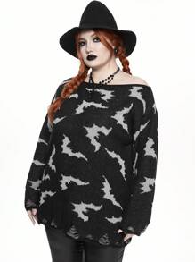 ROMWE Goth 加大码哥特暗黑风万圣节蝙蝠提花不对称领口做旧宽松针织毛衣 - 黑色 - 查看 4