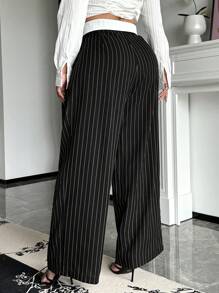 SHEIN SXY 大码女式条纹撞色腰带宽松休闲阔腿裤 - 紅白色 - 查看 2
