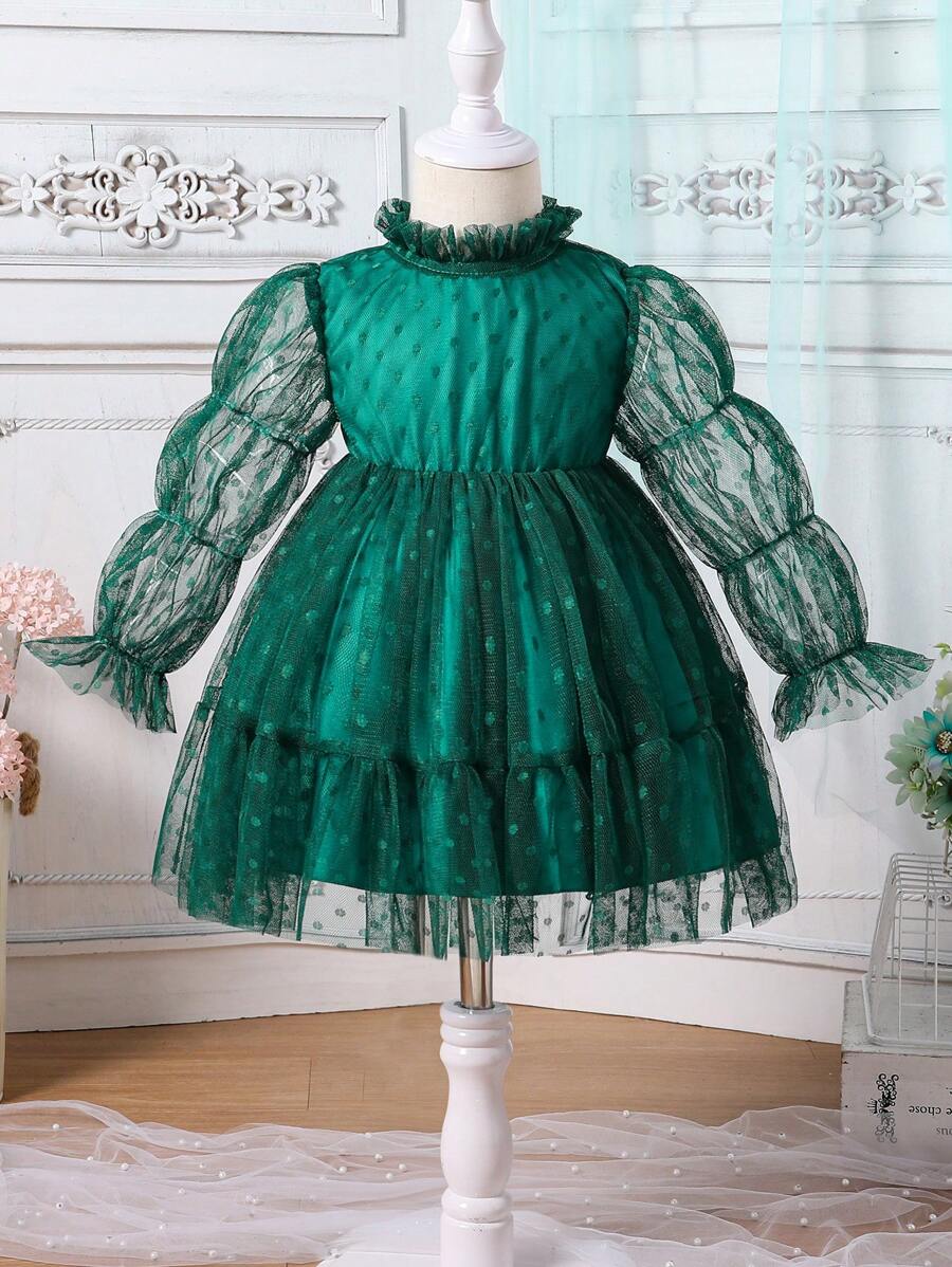 SHEIN 女婴纯色荷叶边长袖撞色网眼连衣裙 - 綠色 - 查看 1