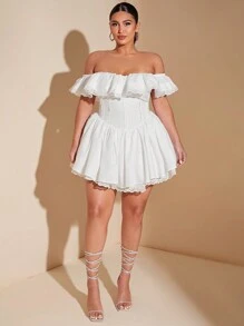 SHEIN BAE 加大码褶皱蕾丝花边露肩优雅褶皱连衣裙白色甜美性感蕾丝花瓣袖纯色褶皱胸围 A 字裙带蕾丝花边女式秋季婚礼宾客礼服返校节礼服优雅早午餐女装，女士生日礼服 - 白色 - 查看 7