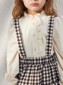 Blossori Young Girls' Elegant French Black & White Plaid Loose Bib Dress, Autumn/Winter