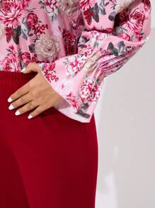 2pcs Plus Size Elegant Floral Allover Print Tie Collar Blouse And Pants Set, Spring Fall - Burgundy - View 6