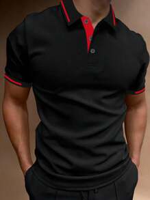 Manfinity Homme Men Plus Size Casual Color Block Short Sleeve Casual Polo Shirt For Daily Commute In Summer, For Going Out - Black - View 1
