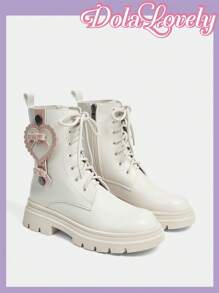 Dola Lovely Women's Fashionable & Elegant Casual Round Toe Lace-Up Side Zipper Sexy Heart & Bow Decor Classic British Style Thick-Sole Beige Ankle Boots