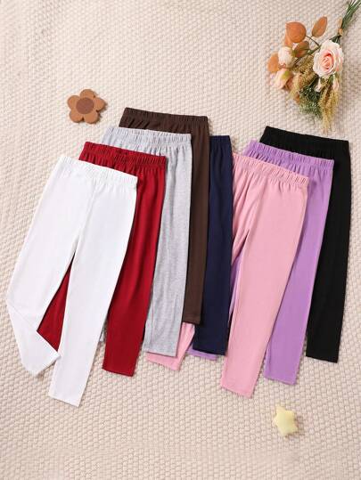 SHEIN 8pcs Set Young Girl Solid Color Casual Leggings, School, Campus, College Chic Outfits For Autumn/Winter