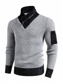 Manfinity RelaxMax Men's Colorblock Stand Collar Vintage Distressed Knitted Cable Knit Long Sleeve Sweater, Fall & Winter, For Work, Family Matching