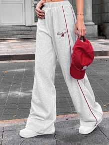 Chiquease 女式松紧腰带红色条纹字母图案休闲运动裤 - 灰色 - 查看 4